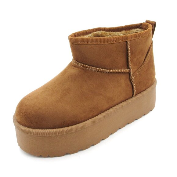 Women CAMEL Winter Slip On Warm Fur Suede Snow Ankle Boots Slipper 2 Inch Sole - Picture 3 of 5